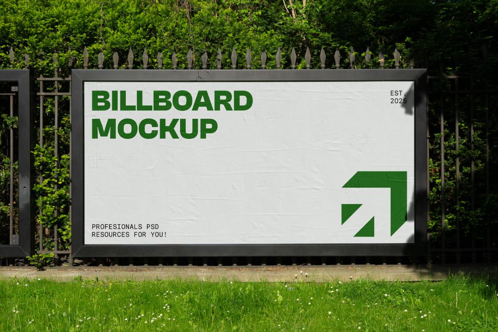 Front view, Wide Outdoor Billboard Mockup attached to the metal fence against the city garden.