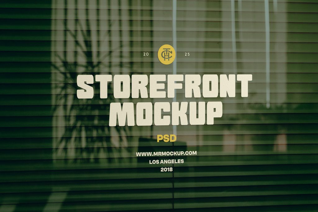 Front view, clean glass Window Mockup with blinds and crème color strong typography design.