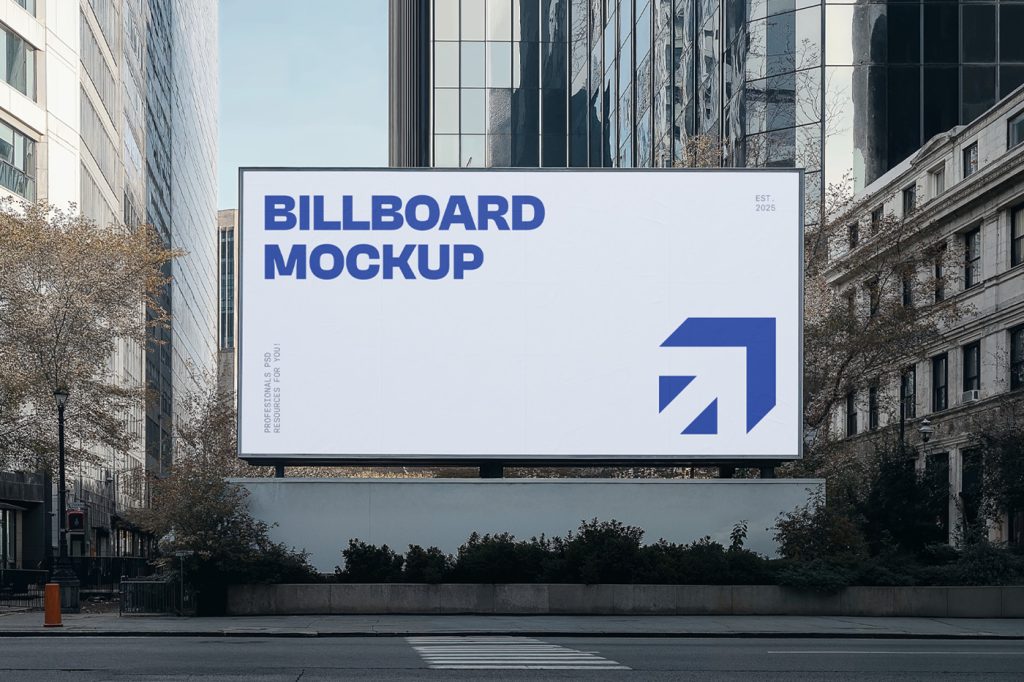 Front view, big billboard mockup with strong, simple typography design in gray and blue colors standing in the city center.