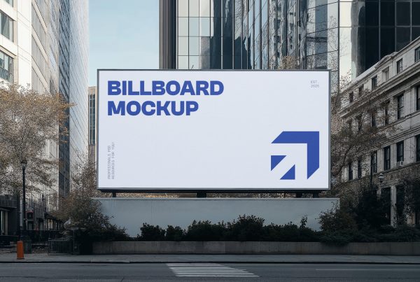 Front view, big billboard mockup with strong, simple typography design in gray and blue colors standing in the city center.