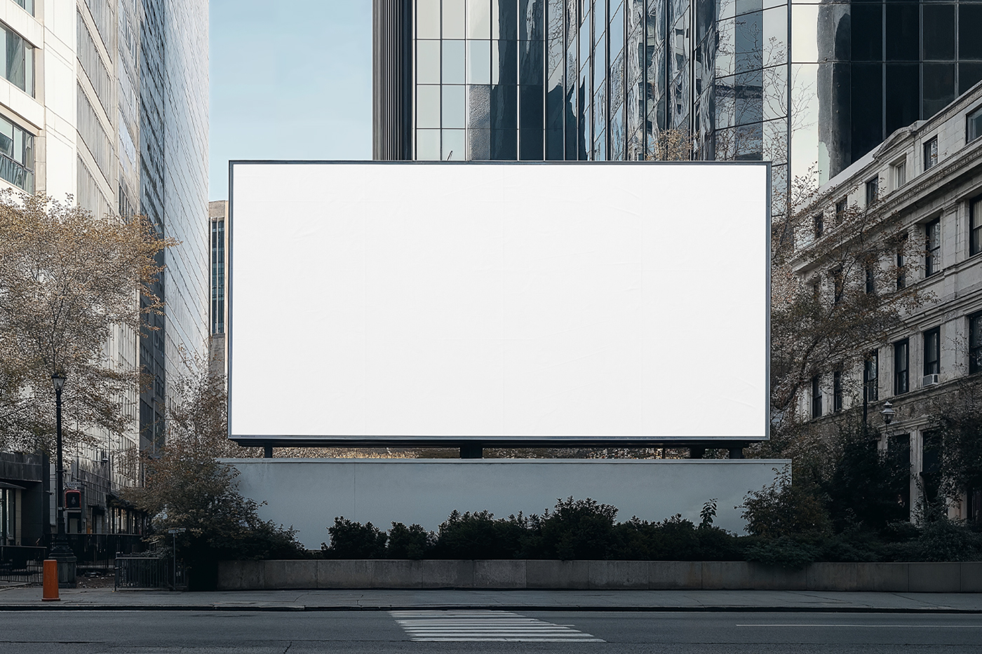 Front view, a white big billboard mockup with standing in the city center.