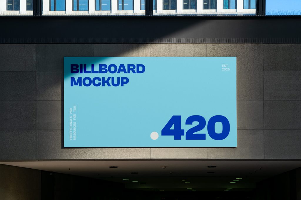 Front view, billboard mockup with strong, simple typography design in white and blue attached to the wall above the underground passage.