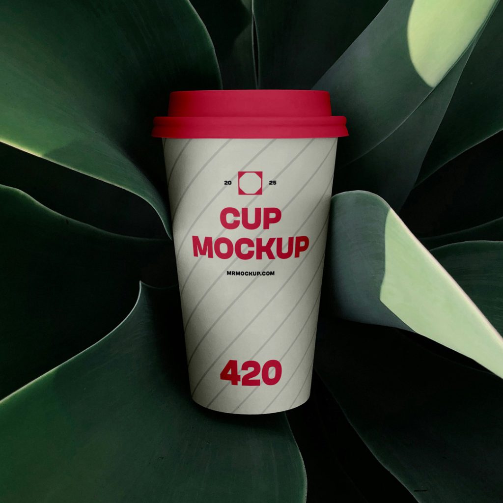 View from above, coffee cup mockup with strong, simple typography design surrounded by plants.