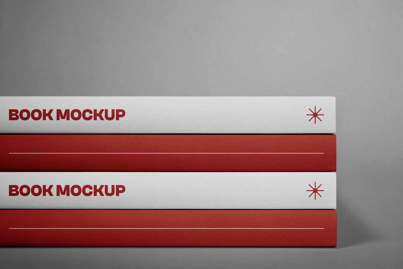 Front view, placed one on top of the other four books mockup with simple typography design and laying on the shelf.