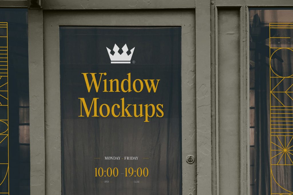 Front view, window mockup with simple typography design in white and yellow color and stroke pattern.