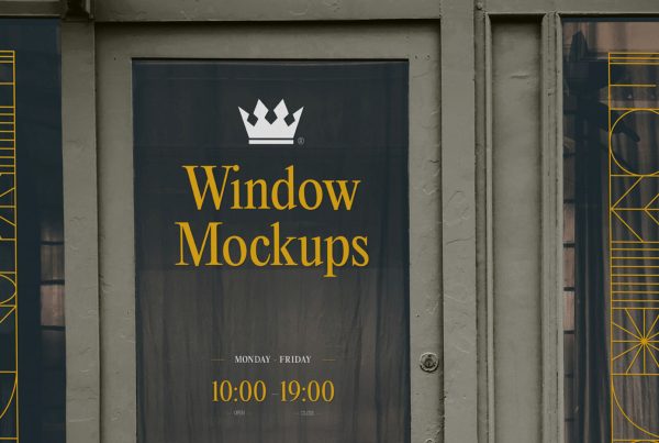 Front view, window mockup with simple typography design in white and yellow color and stroke pattern.