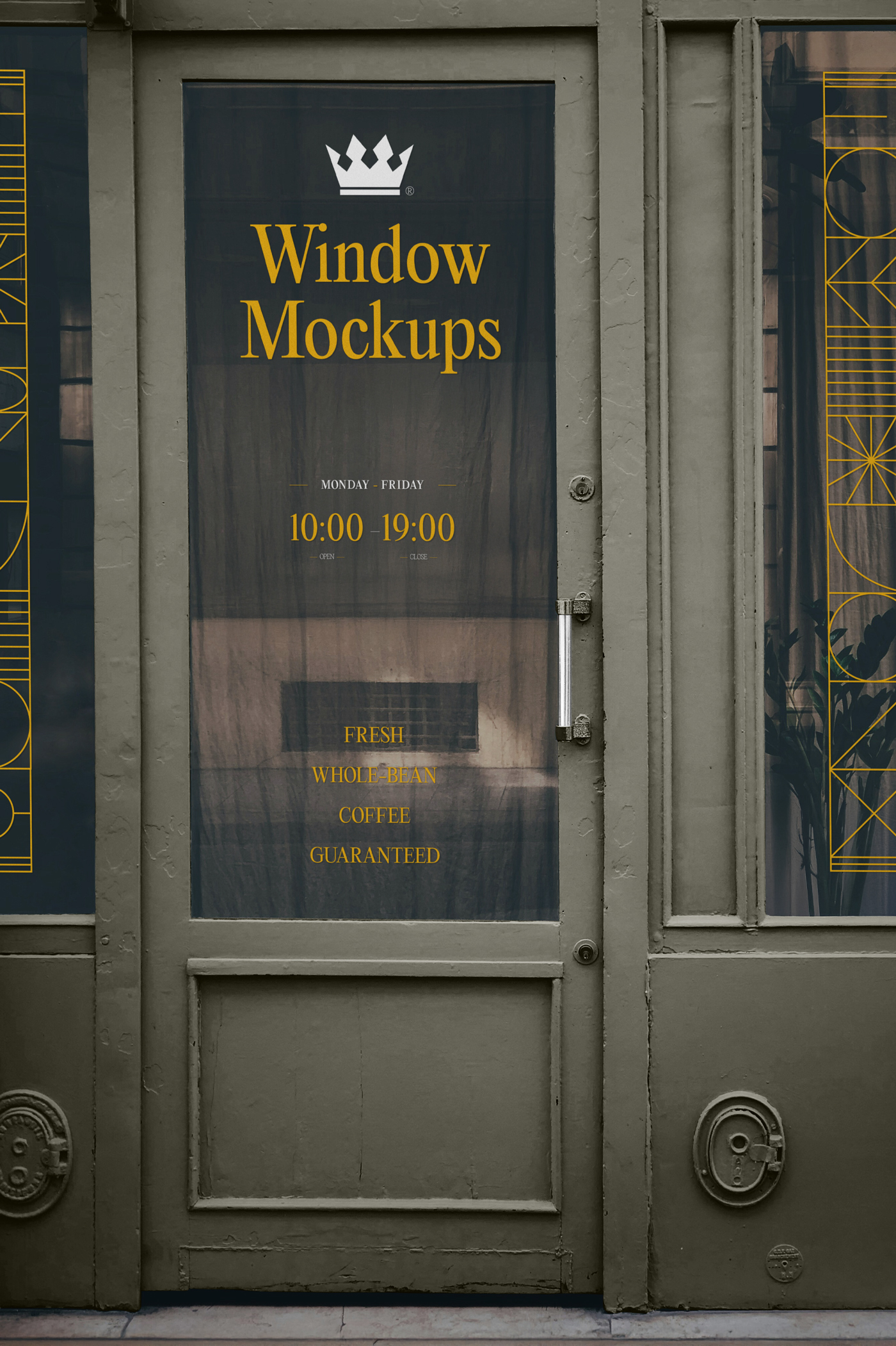Front view, window mockup with simple typography design in white and yellow color and stroke pattern.