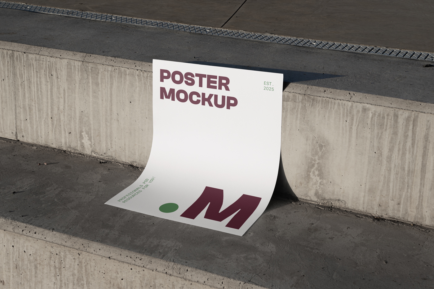 Front view, a white poster mockup with a strong, simple typography design in brown and green colors leaning against a concrete step.