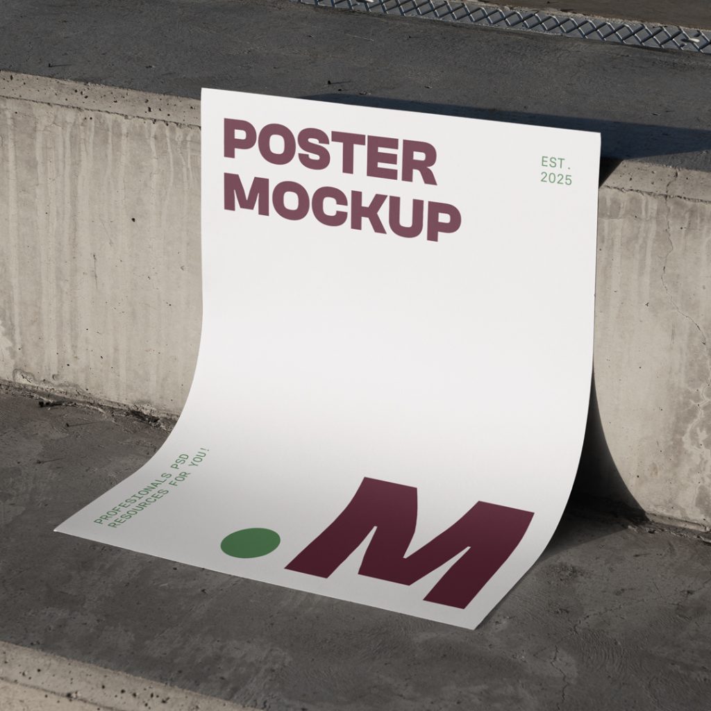 Front view, a white poster mockup with a strong, simple typography design in brown and green colors leaning against a concrete step.