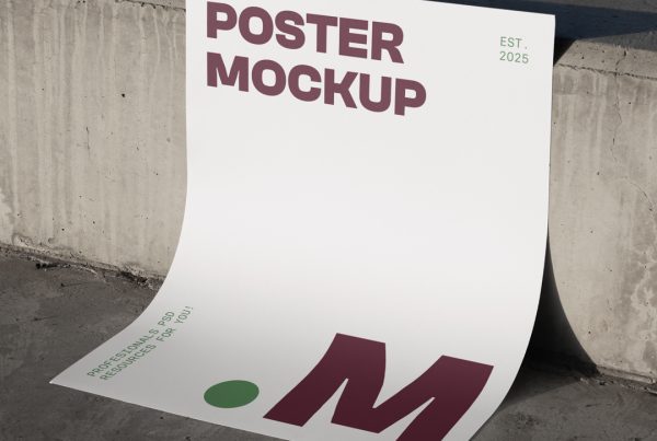 Front view, a white poster mockup with a strong, simple typography design in brown and green colors leaning against a concrete step.