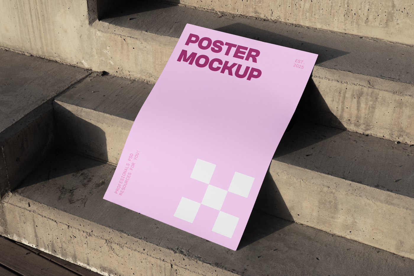 View from above, pink poster mockup with strong, simple typography design in cherry and white colors lying on the concrete stairs.