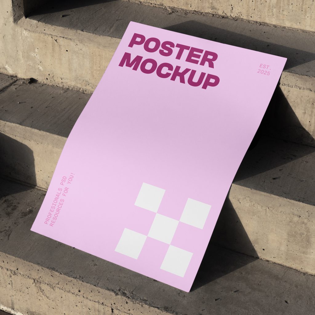 View from above, pink poster mockup with strong, simple typography design in cherry and white colors lying on the concrete stairs.