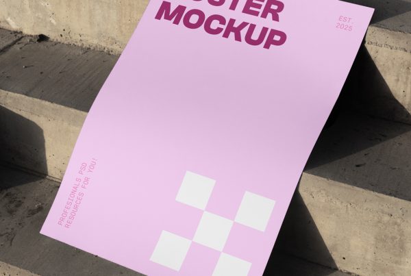 View from above, pink poster mockup with strong, simple typography design in cherry and white colors lying on the concrete stairs.