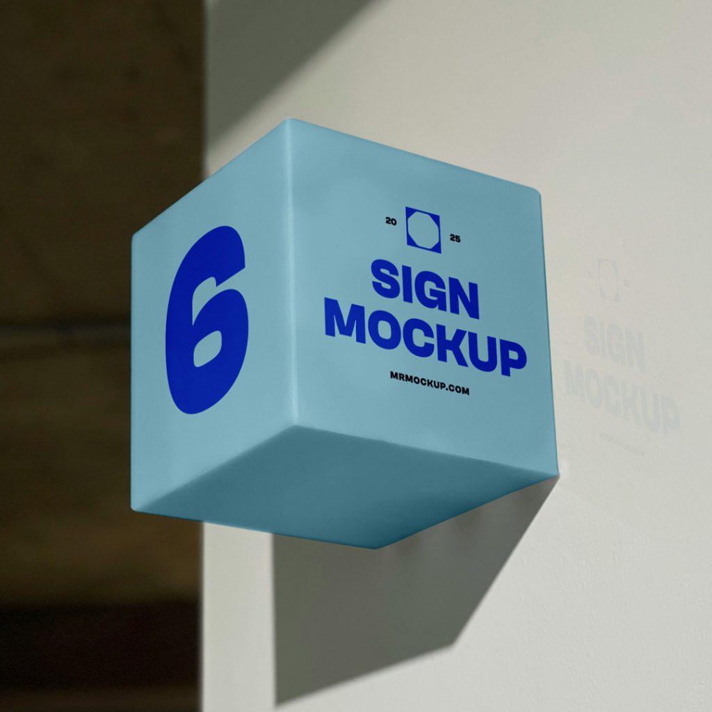 Front view, blue square sign mockup with simple typography design in navy and black color attached to the white wall with reflection viewed.