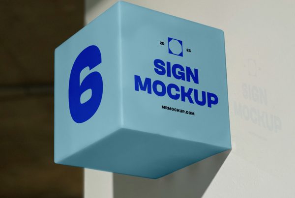 Front view, blue square sign mockup with simple typography design in navy and black color attached to the white wall with reflection viewed.