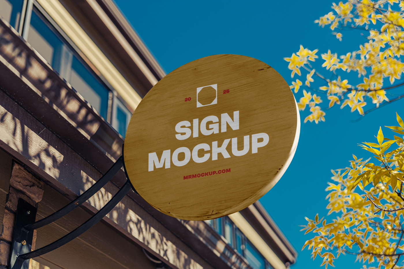 Front view, wooden sign mockup with strong, simple typography design attached to the building elevation.