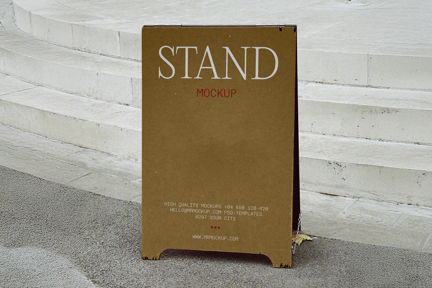 Front view, wooden stand mockup with simple typography design in white and red color standing against marble stairs.