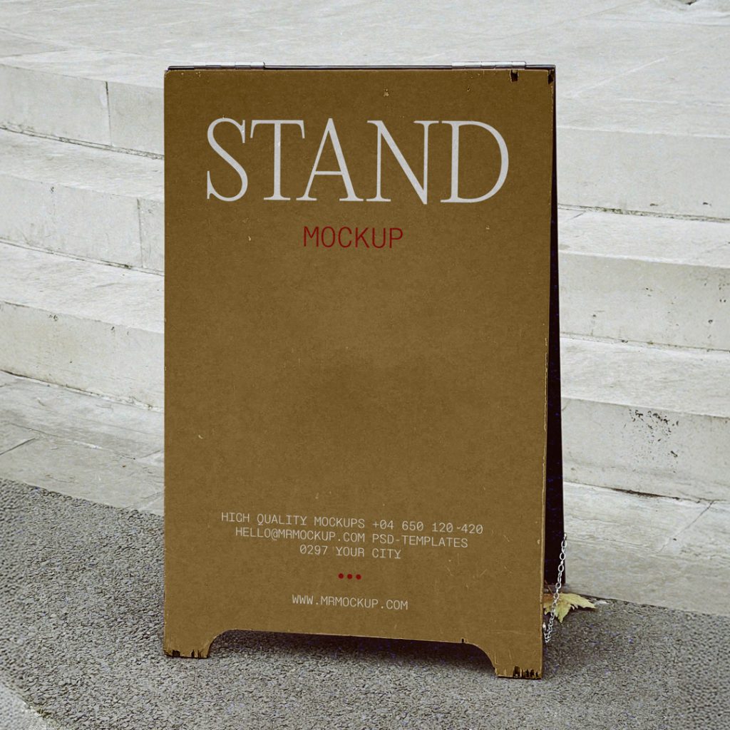 Front view, wooden stand mockup with simple typography design in white and red color standing against marble stairs.