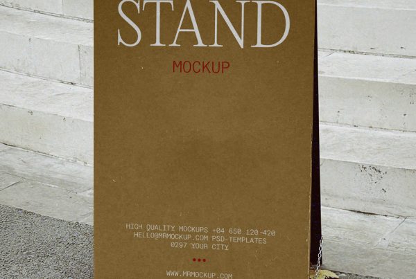 Front view, wooden stand mockup with simple typography design in white and red color standing against marble stairs.