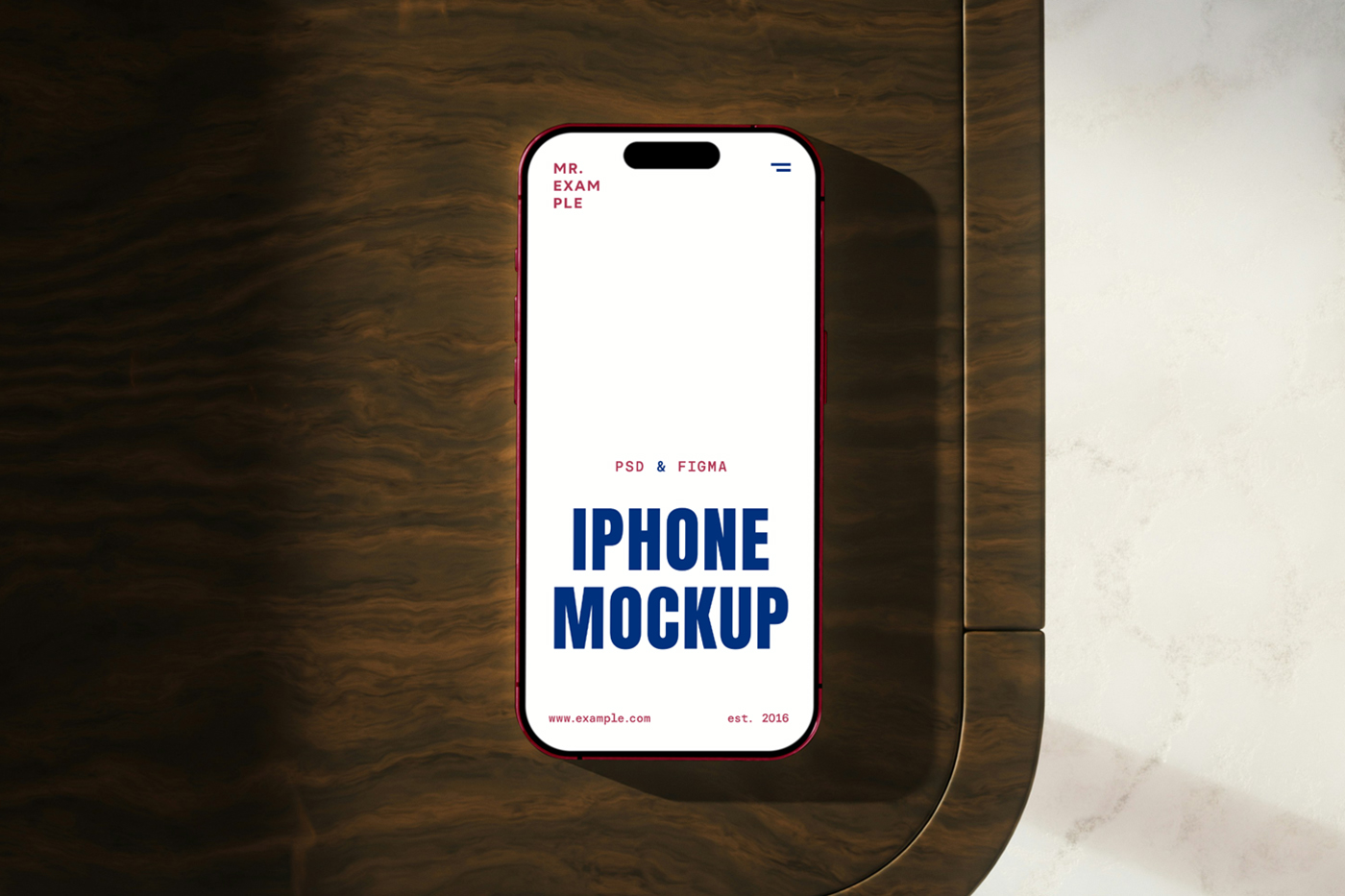 View from above, iPhone Pro mockup with simple typography design in red and blue color lying on a wooden tray.