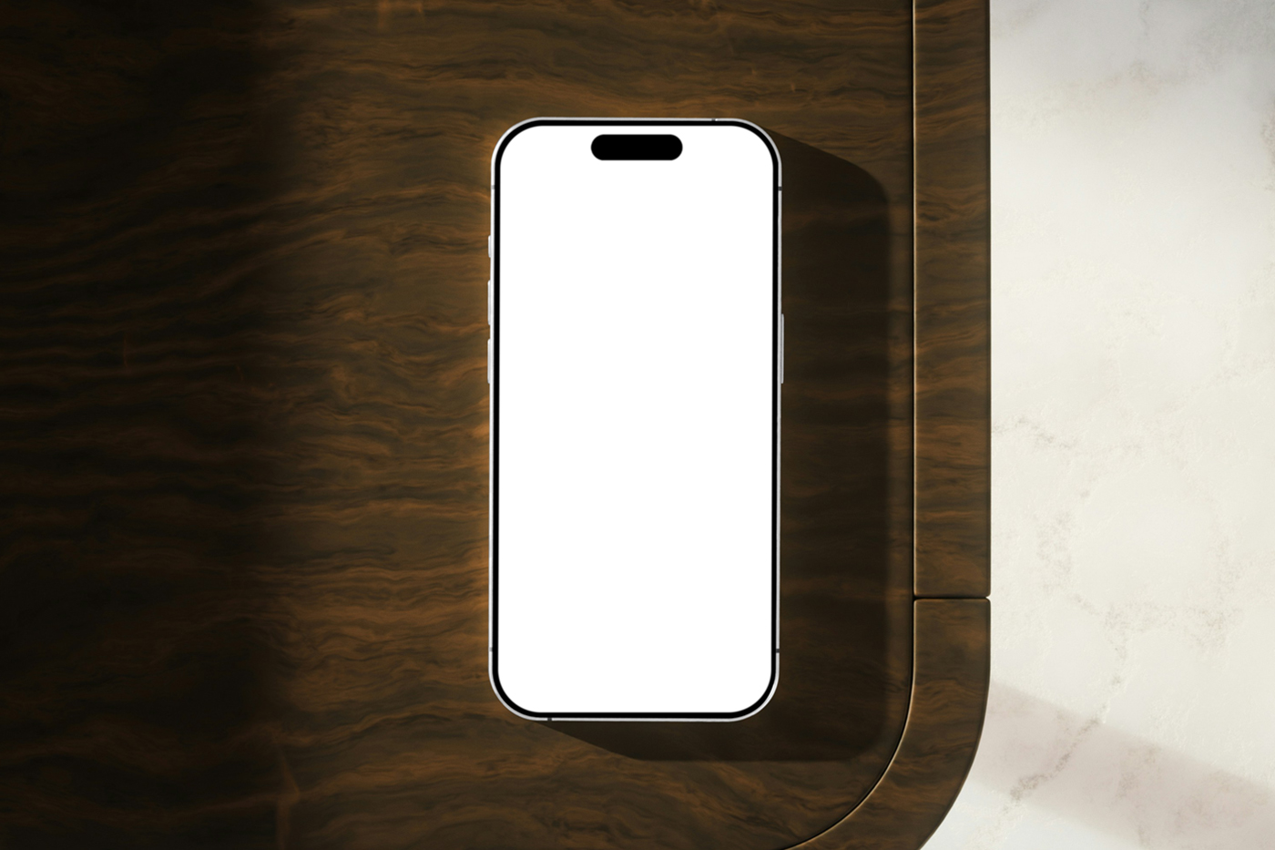View from above, white screen iPhone Pro mockup lying on a wooden tray.