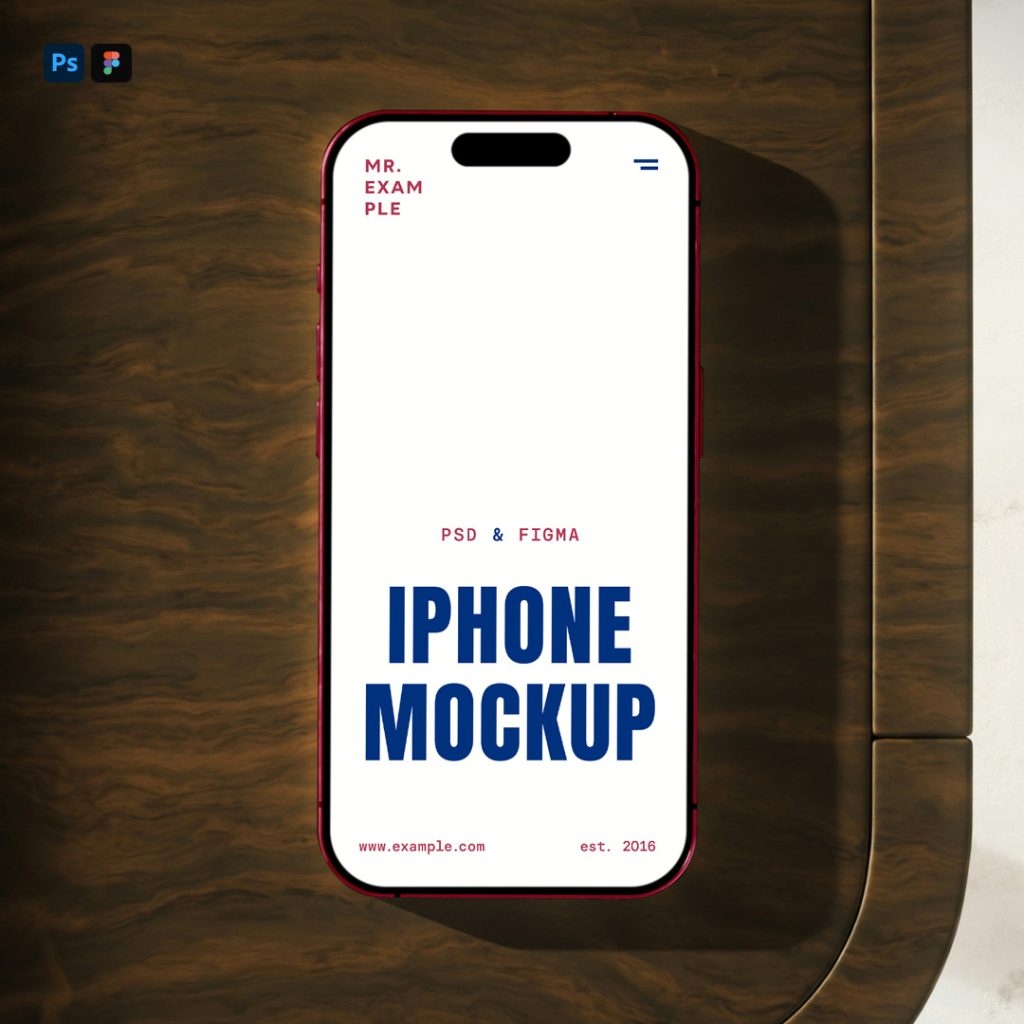 View from above, iPhone Pro mockup with simple typography design in red and blue color lying on a wooden tray.