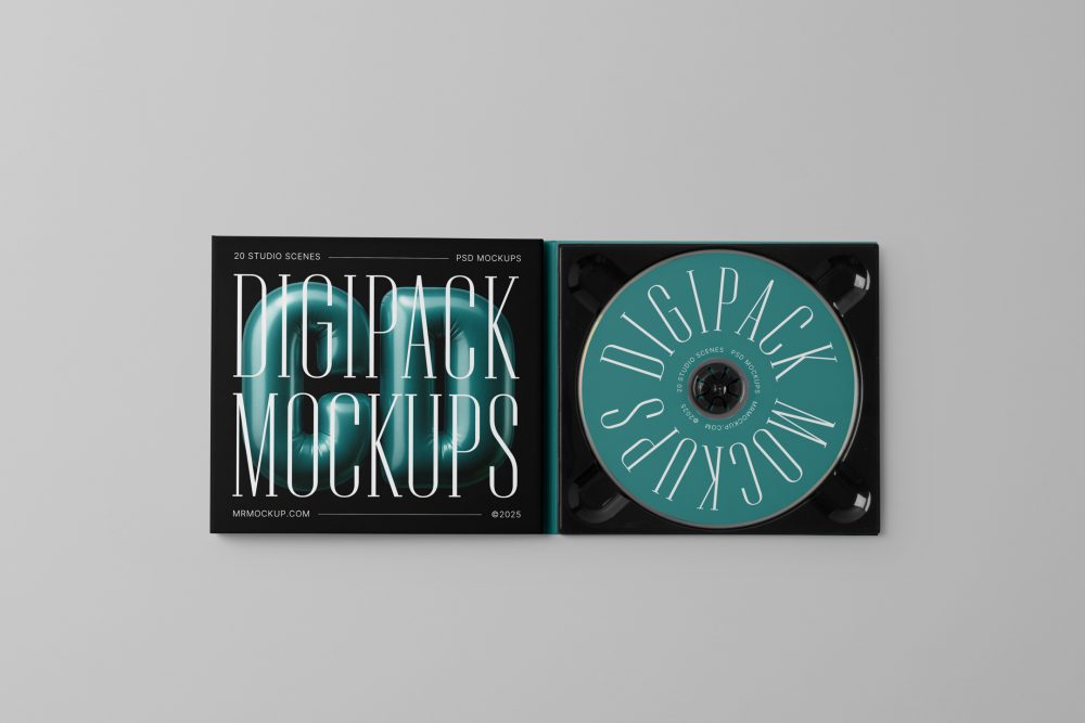 Viewed from above, CD Digipack Mockups presents an open black disc package with nice white serif typography and 3D graphics lying on the gray background.