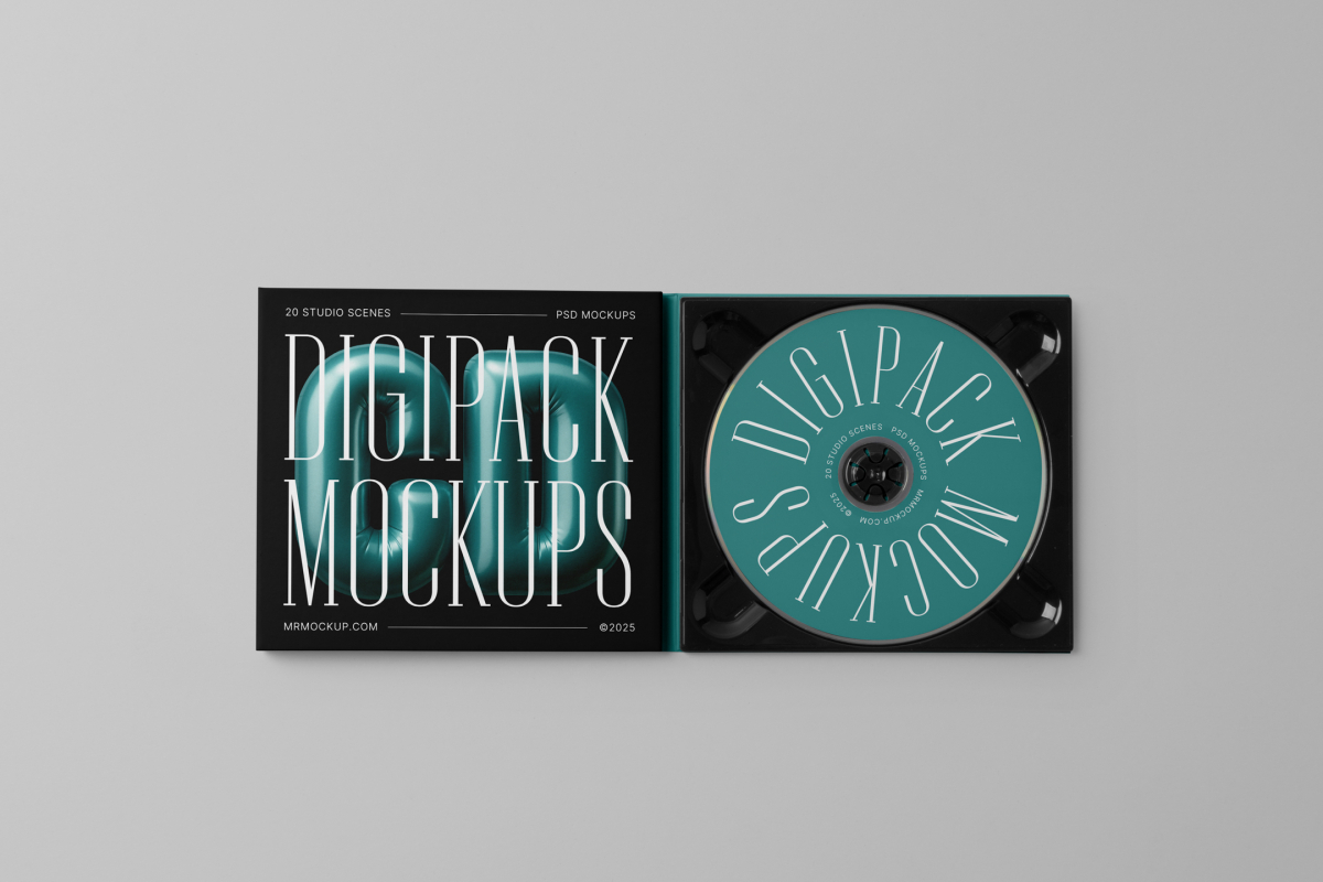 Viewed from above, CD Digipack Mockups presents an open black disc package with nice white serif typography and 3D graphics lying on the gray background.