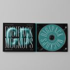 Viewed from above, CD Digipack Mockups presents an open black disc package with nice white serif typography and 3D graphics lying on the gray background.