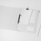 Front view, stationery mockups. Open white binder mockup with a white A4 card mockup, white business card mockups, a white leaflet mockup, and a white square card mockup lying on it. Everything is lying on a white background.