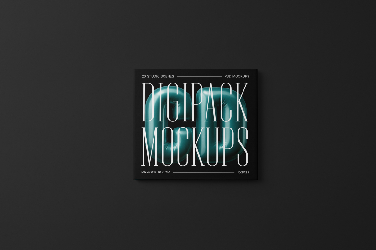 Viewed from above, CD Digipack Mockups presents a black disc package with nice white serif typography and 3D graphics lying on the black background.