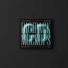 Viewed from above, CD Digipack Mockups presents a black disc package with nice white serif typography and 3D graphics lying on the black background.