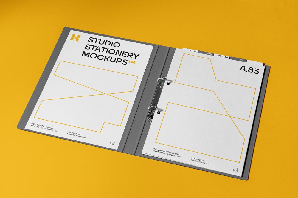 Front view, stationery mockups. Open dark gray binder mockup, two white A4 card mockups with black typography and yellow stroke lines. Everything is lying on a yellow background.