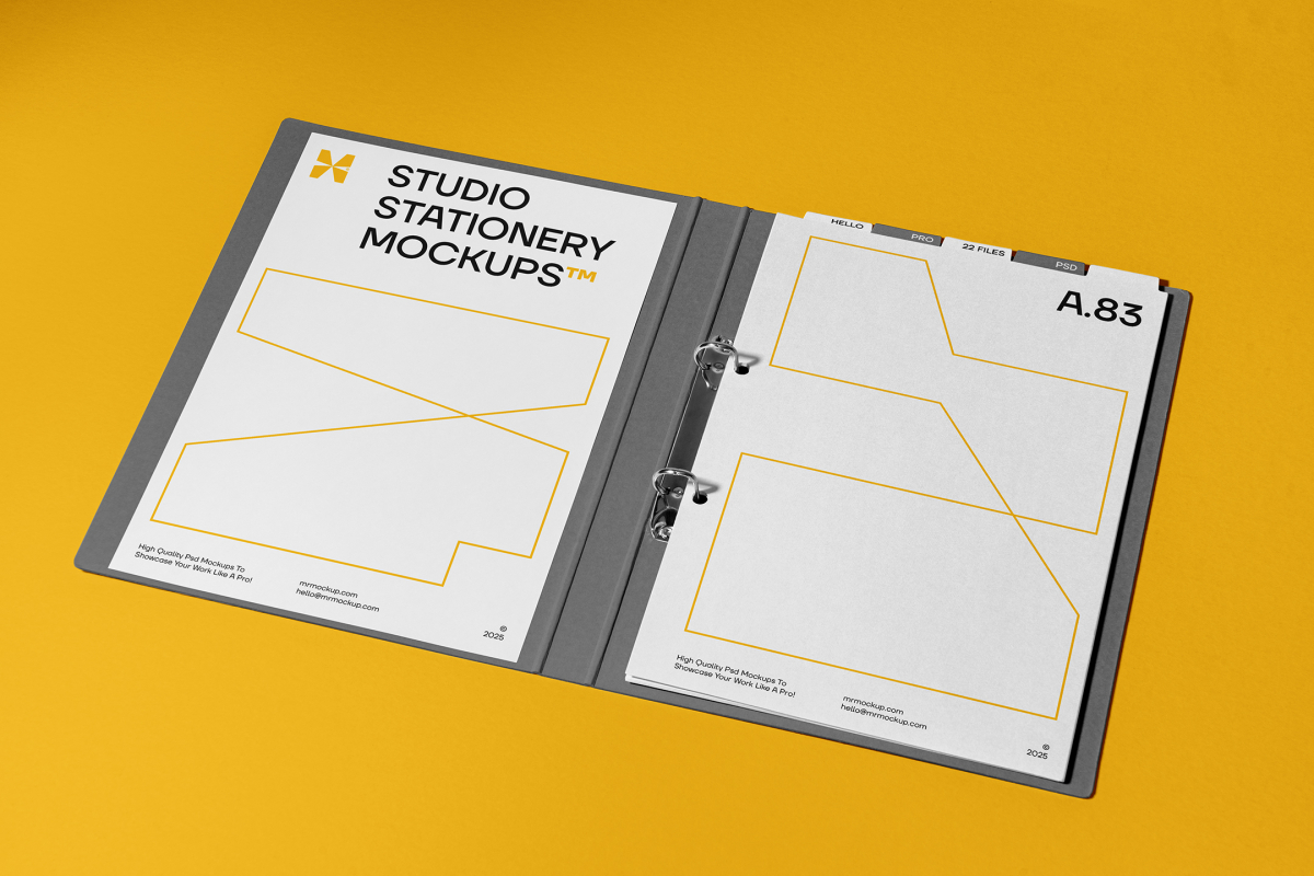 Front view, stationery mockups. Open dark gray binder mockup, two white A4 card mockups with black typography and yellow stroke lines. Everything is lying on a yellow background.