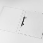 Front view, stationery mockups. Open the white binder mockup and two white A4 card mockups. Everything is lying on a white background.