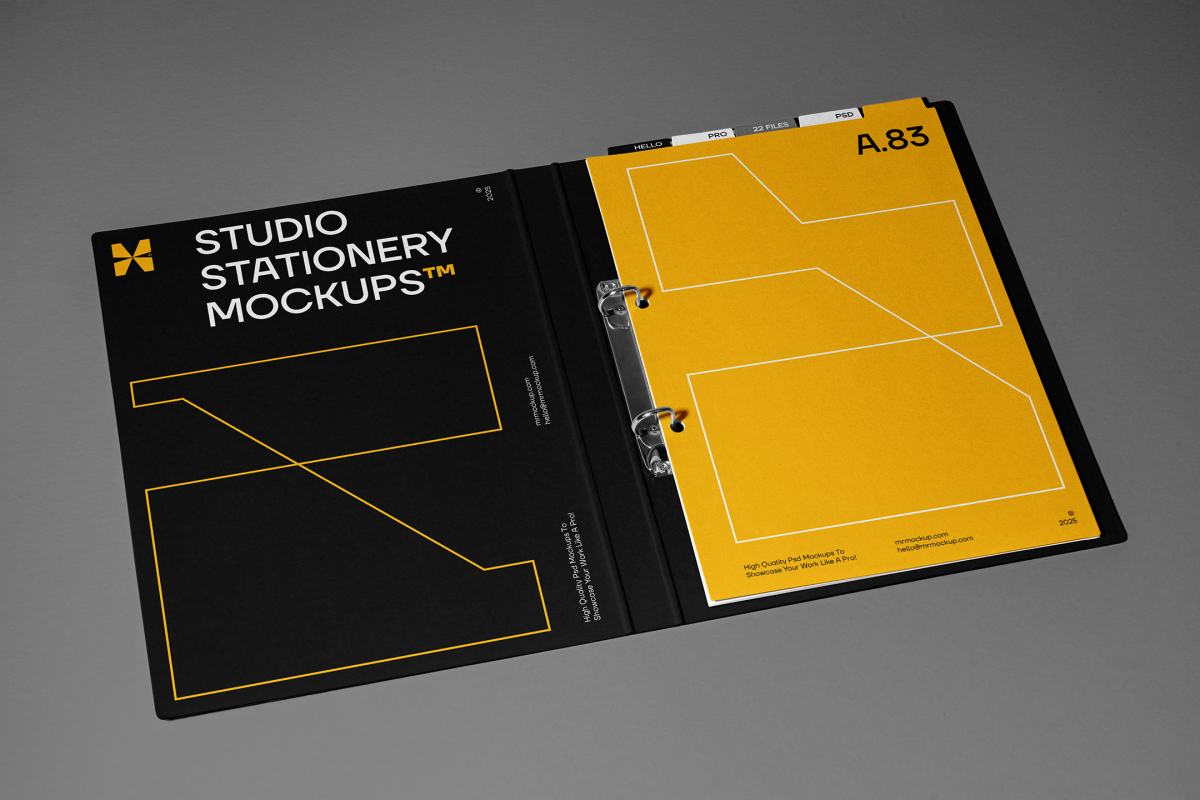 Front view, stationery mockups. Open black binder mockup with white typography design and yellow stroke lines, and a yellow A4 card mockup with black typography and white stroke lines. Everything is lying on a dark gray background.