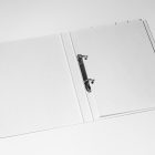 Front view, stationery mockups. Open white binder mockup, a white A4 card mockup. Everything is lying on a white background.