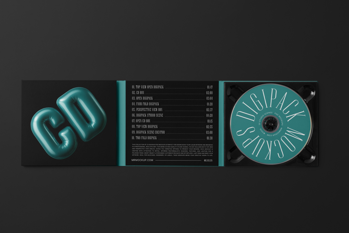 Viewed from above, CD Digipack Mockups presents green and black disc packaging with nice white serif typography and 3D graphics lying on the black background.