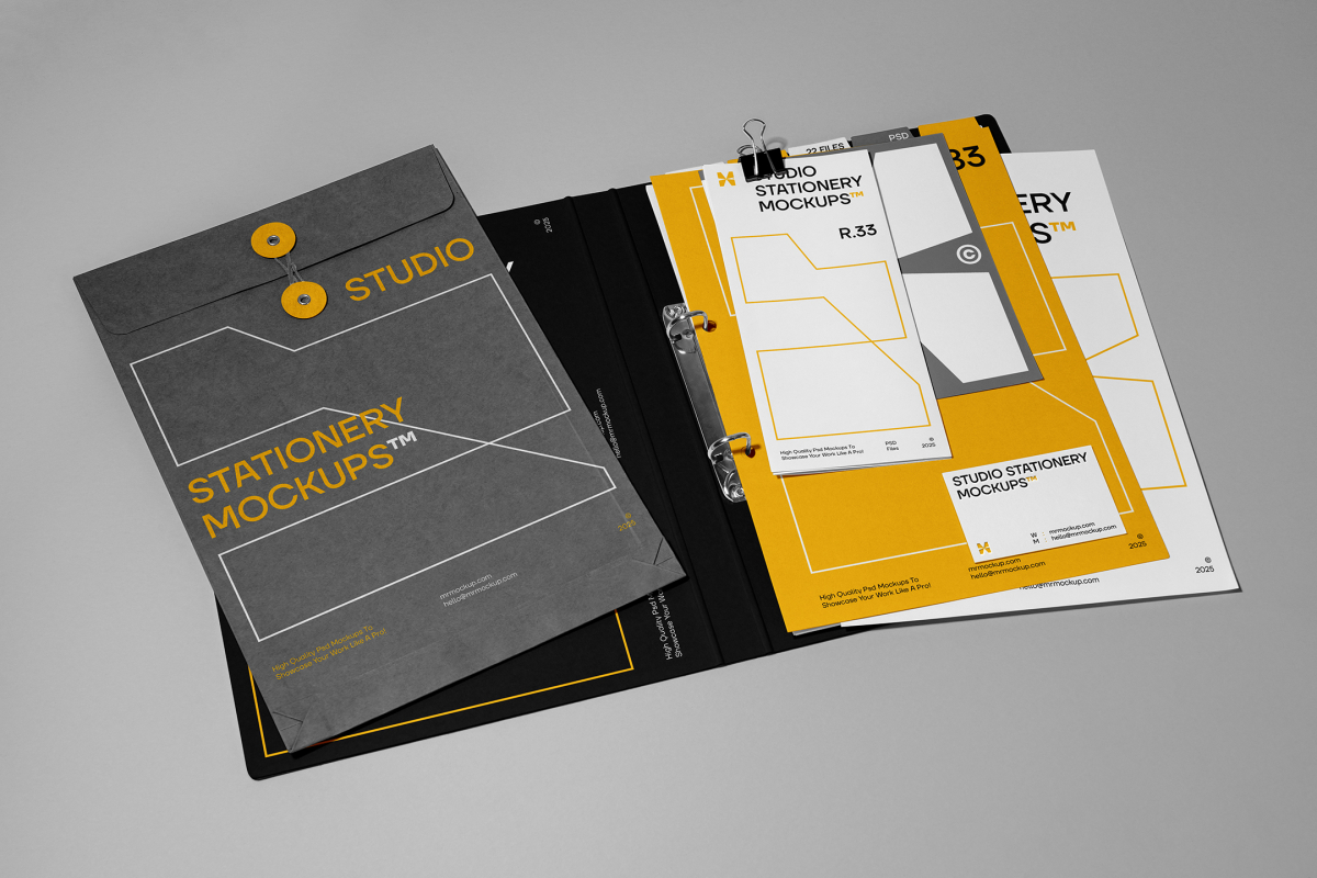 Front view, stationery mockups. Open black binder mockup with a white A4 card mockup and white business card mockup lying on it, strong geometric typography design in yellow, black, and white colors. Everything is lying on a bright gray background.