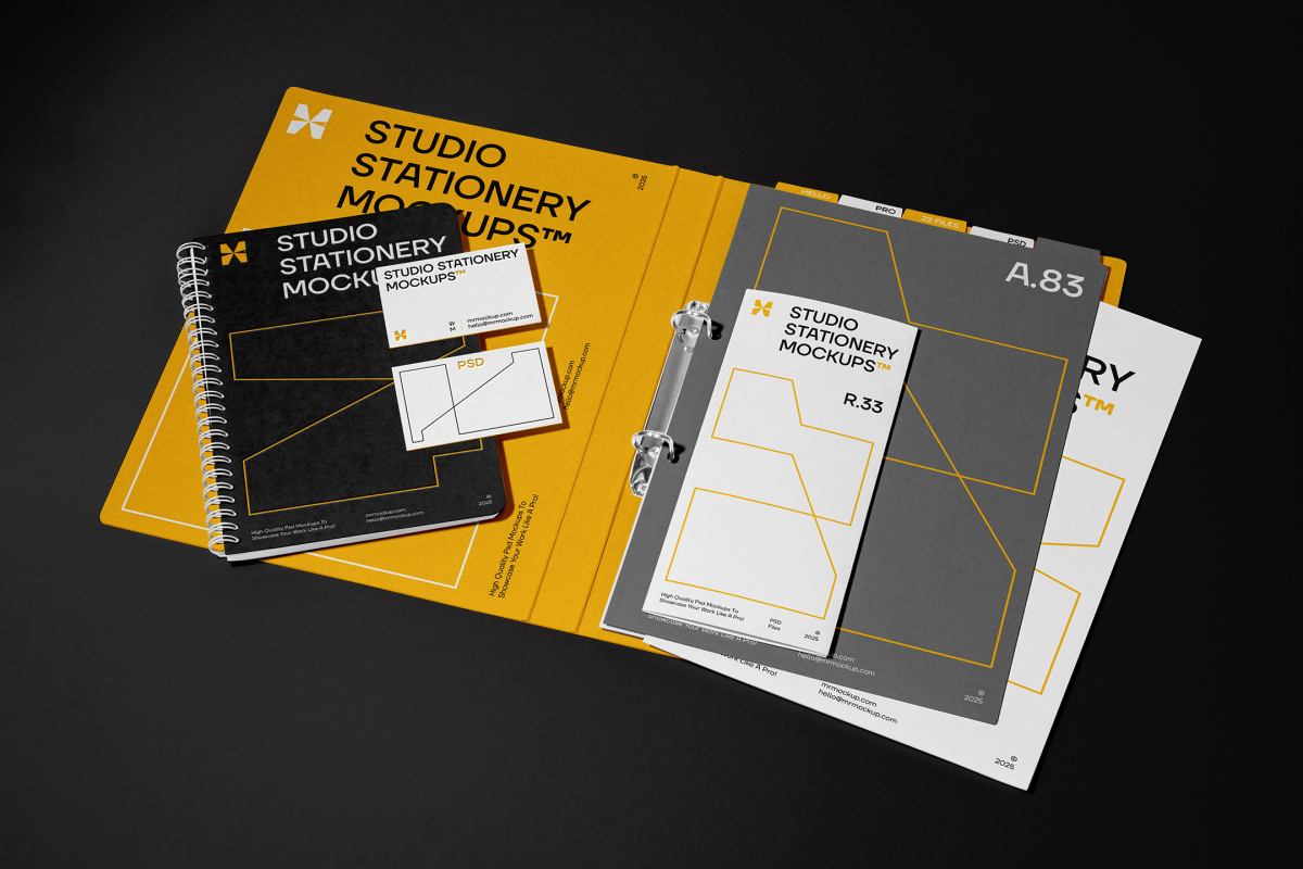 Front view, stationery mockups. Open yellow binder mockup with an A4 card mockup and two business card mockups lying on it, strong geometric typography design in yellow, black, and white colors. Everything is lying on a black background.