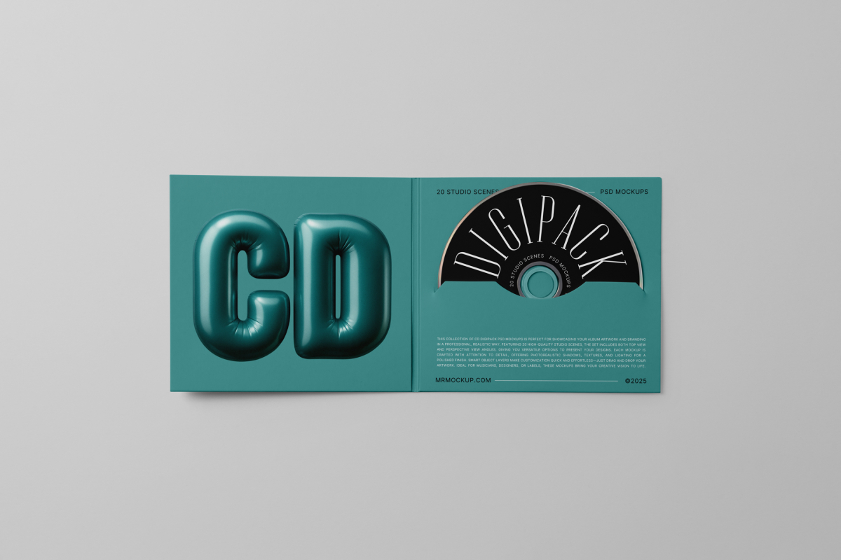 Viewed from above, CD Digipack Mockups presents green disc packaging and a black disc with nice white serif typography and 3D graphics lying on the gray background.