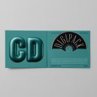 Viewed from above, CD Digipack Mockups presents green disc packaging and a black disc with nice white serif typography and 3D graphics lying on the gray background.