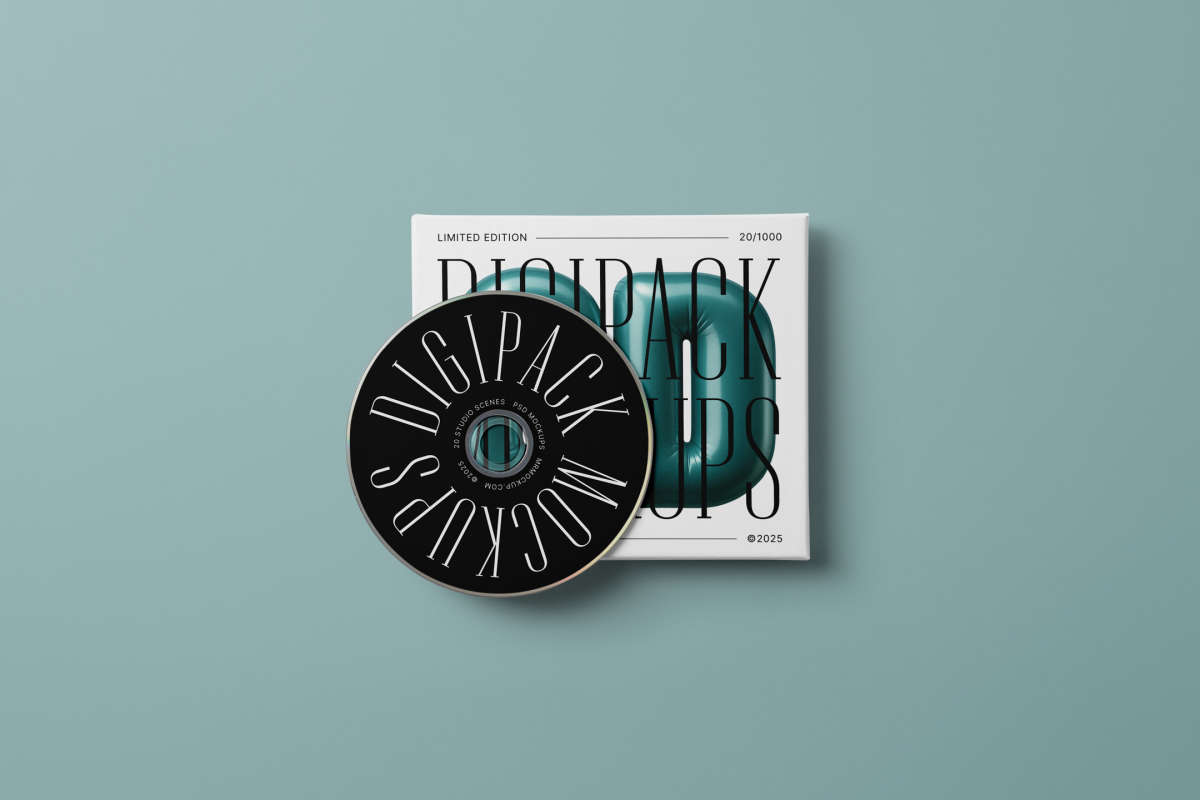 Viewed from above, CD Digipack Mockups presents white disc packaging with nice black serif typography and 3D graphics lying on the gray background.
