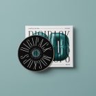 Viewed from above, CD Digipack Mockups presents white disc packaging with nice black serif typography and 3D graphics lying on the gray background.