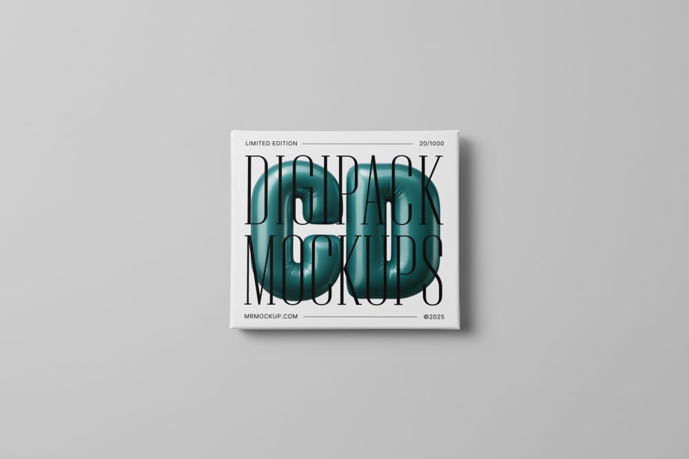 Viewed from above, CD Digipack Mockups presents white disc packaging with nice black serif typography and 3D graphics lying on the gray background.