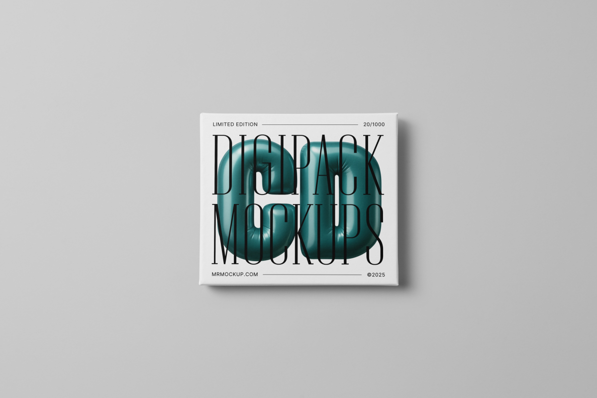 Viewed from above, CD Digipack Mockups presents white disc packaging with nice black serif typography and 3D graphics lying on the gray background.