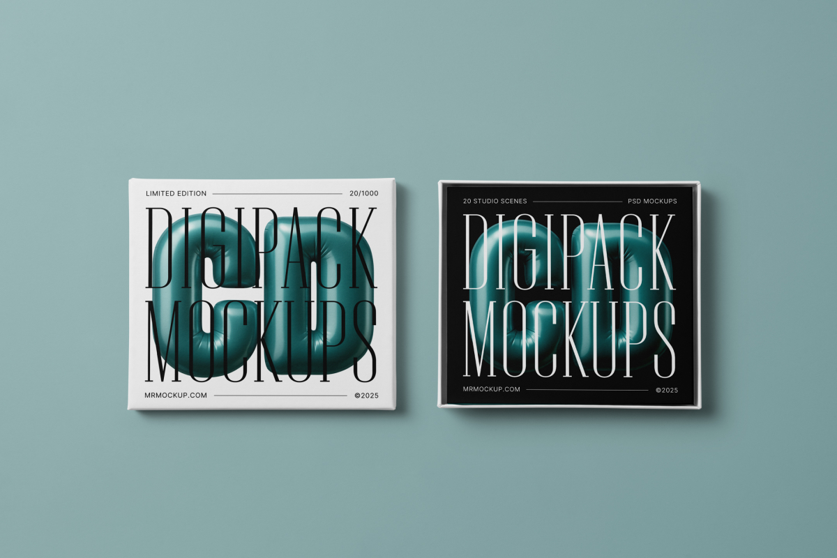 Viewed from above, CD Digipack Mockups presents two white disc packages with nice white and black serif typography and 3D graphics lying on the green background.