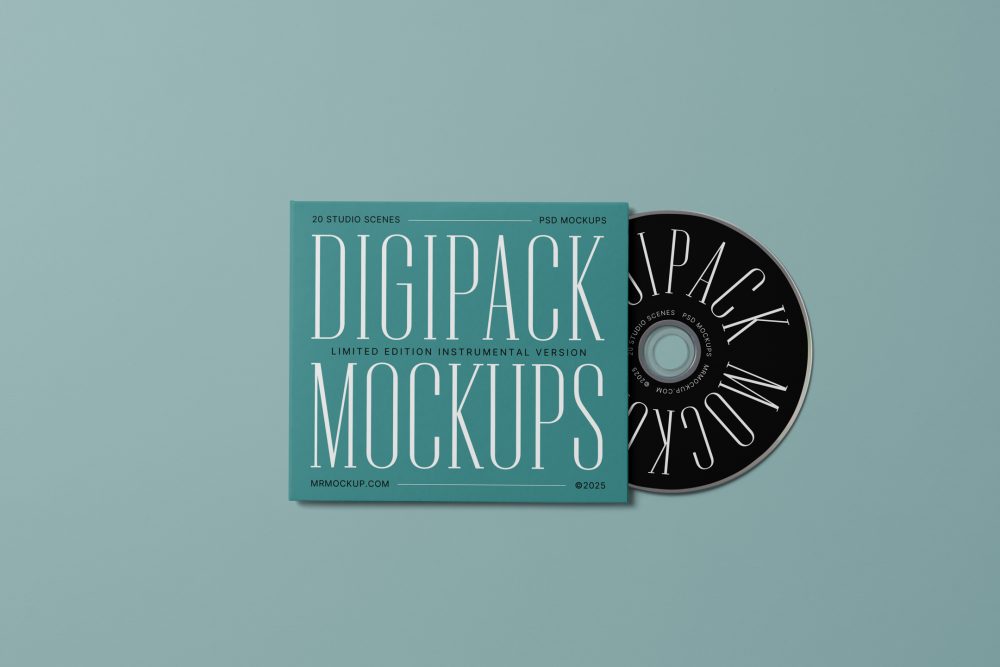Viewed from above, CD Digipack Mockups presents green disc packaging and a black ejected disc with nice white serif typography lying on the green background.