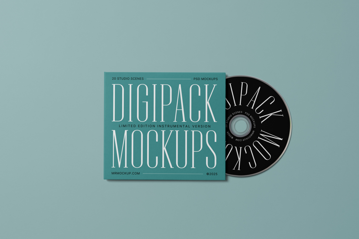 Viewed from above, CD Digipack Mockups presents green disc packaging and a black ejected disc with nice white serif typography lying on the green background.