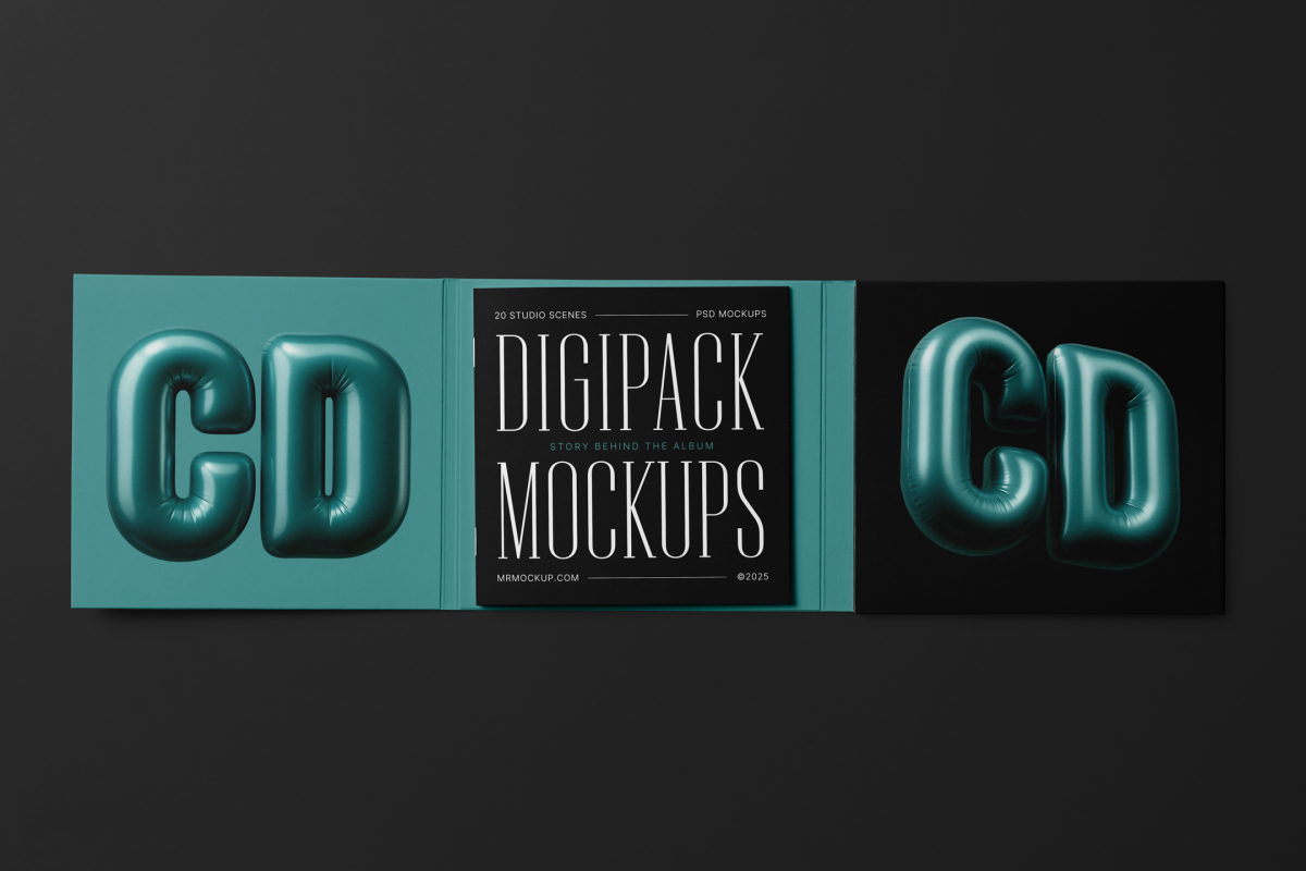 Viewed from above, CD Digipack Mockups presents green and black disc packaging with nice white serif typography and 3D graphics lying on the black background.